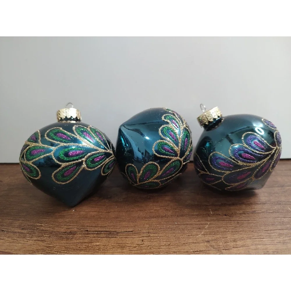 Glitter Peacock Feather Teal Christmas Glass Orn Ornament bauble Lot Of 3 A17